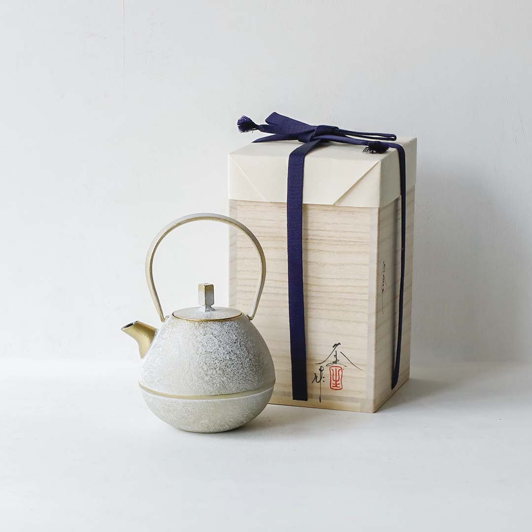 空間鋳造 鉄急須 Egg 中 白金色 縞細工鉉(桐箱入り)