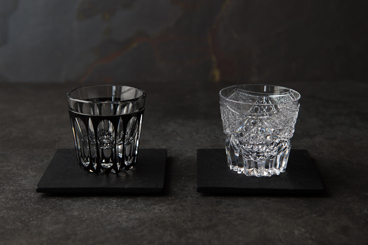 Edo kiriko Pair Sake Shot Glasses Black kaleidoscope pattern and Old classic pattern