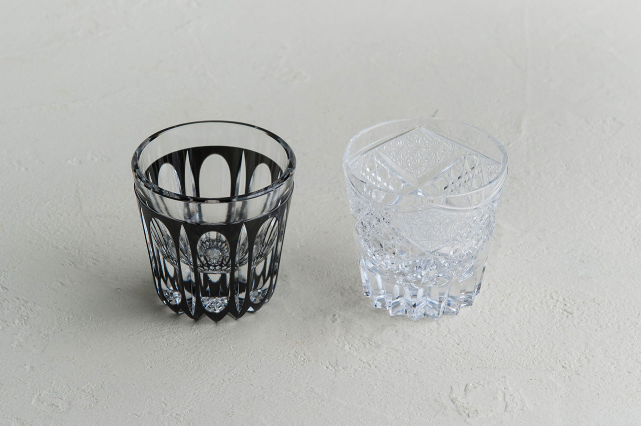 Edo kiriko Pair Sake Shot Glasses Black kaleidoscope pattern and Old classic pattern